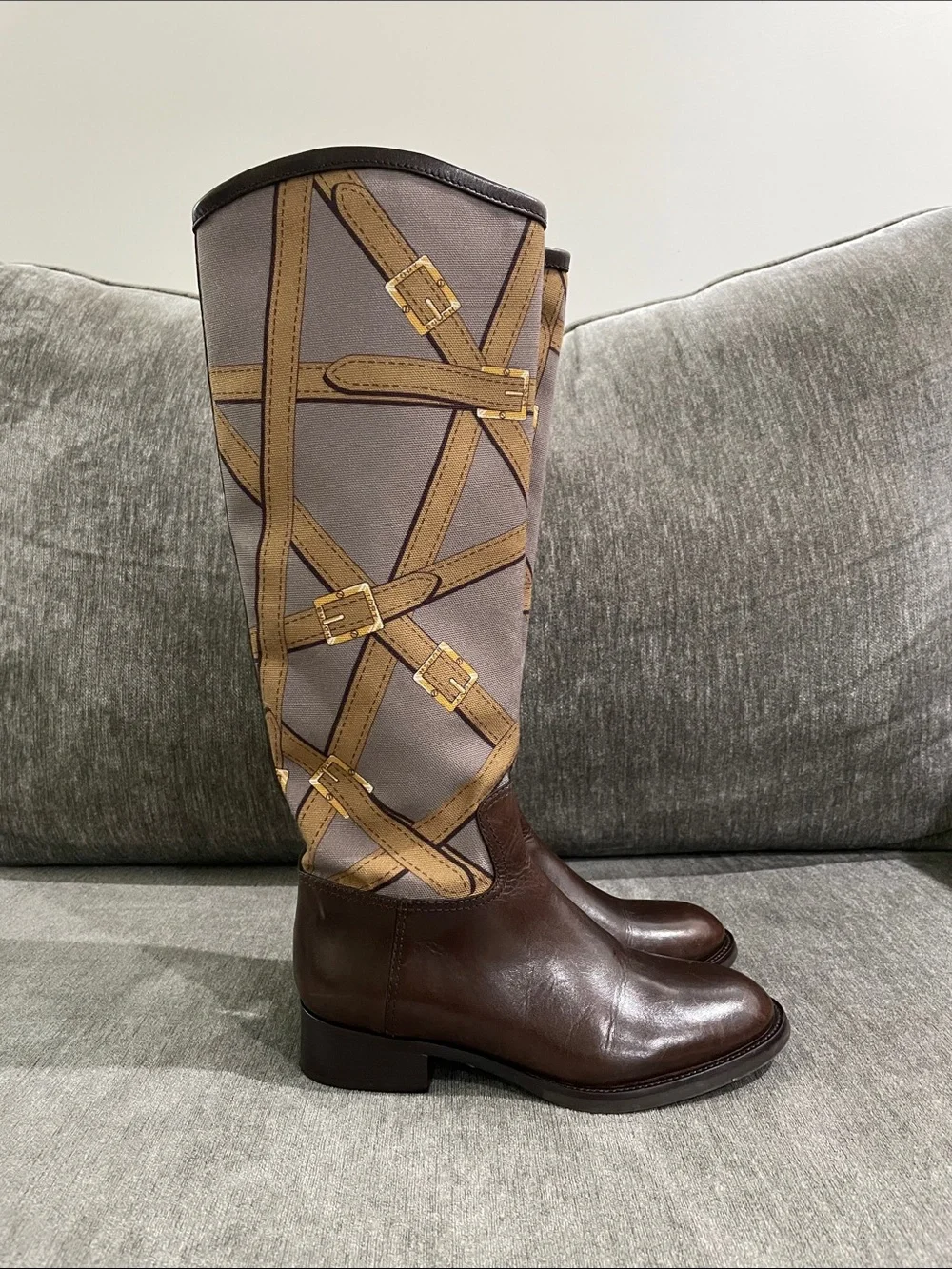 Tory Burch FELIX Riding Boots Brown Leather Equestrian Print Fabric Zip Size 5